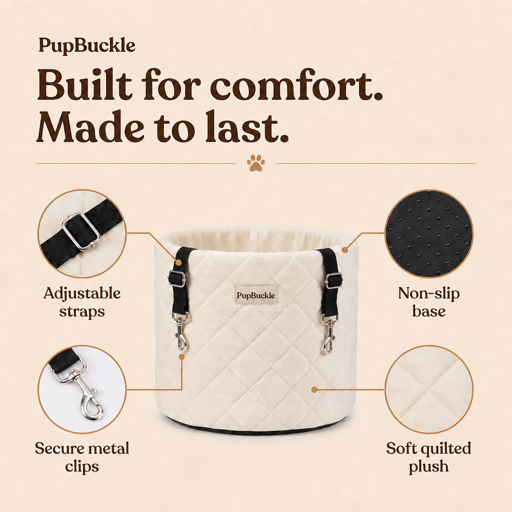 Adjustable straps, secure metal clips, non-slip base, soft quilted plush