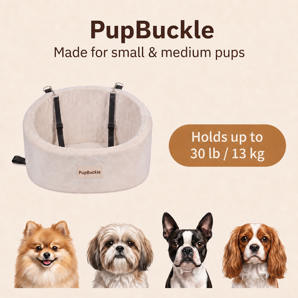 PupBuckle fits small and medium dogs up to 30 lb