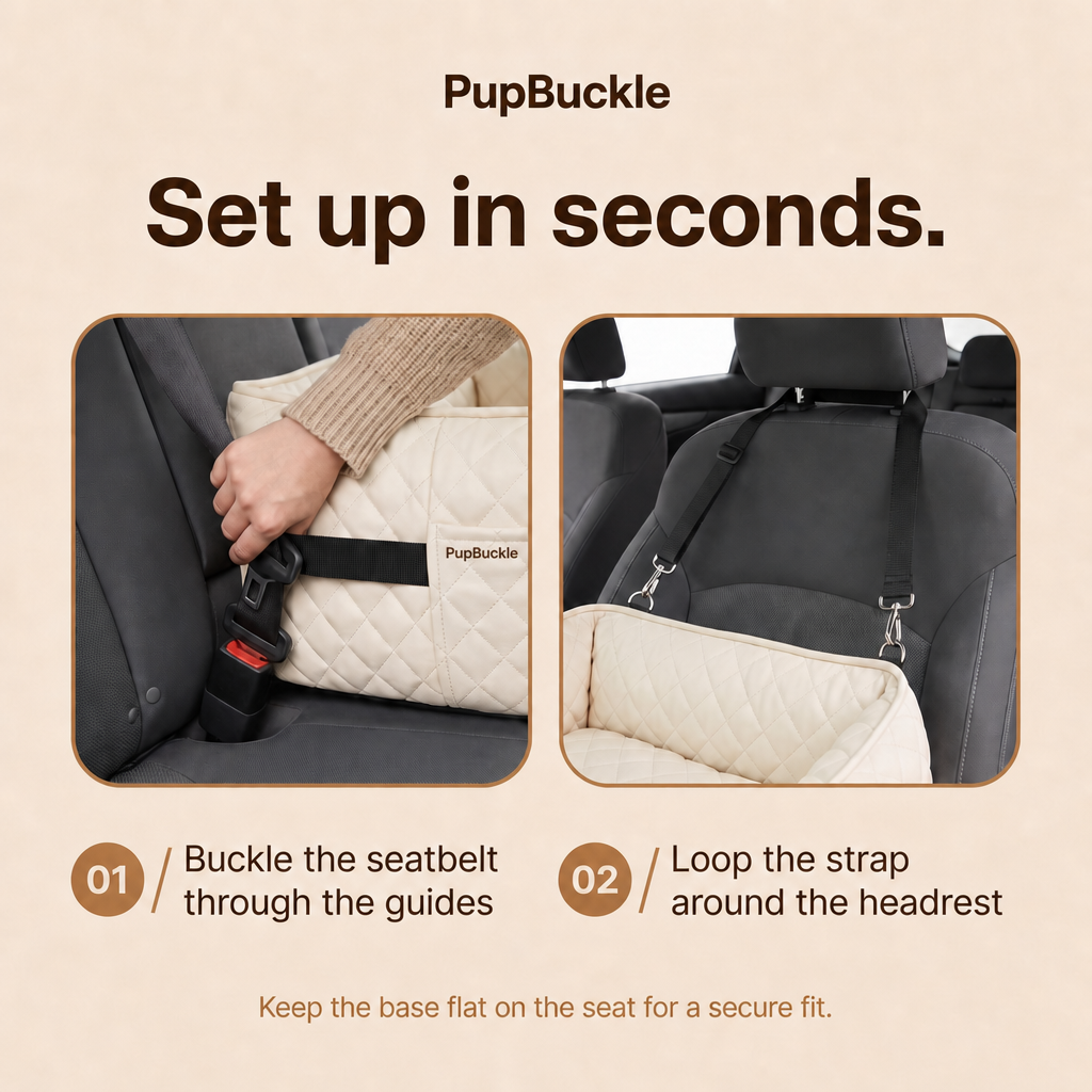 Set up in seconds: buckle the seatbelt, loop the strap around the headrest