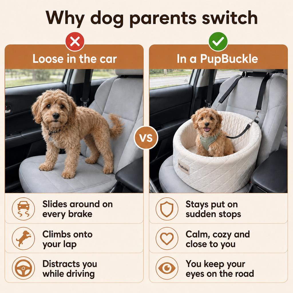 Why dog parents switch: loose in the car vs in a PupBuckle