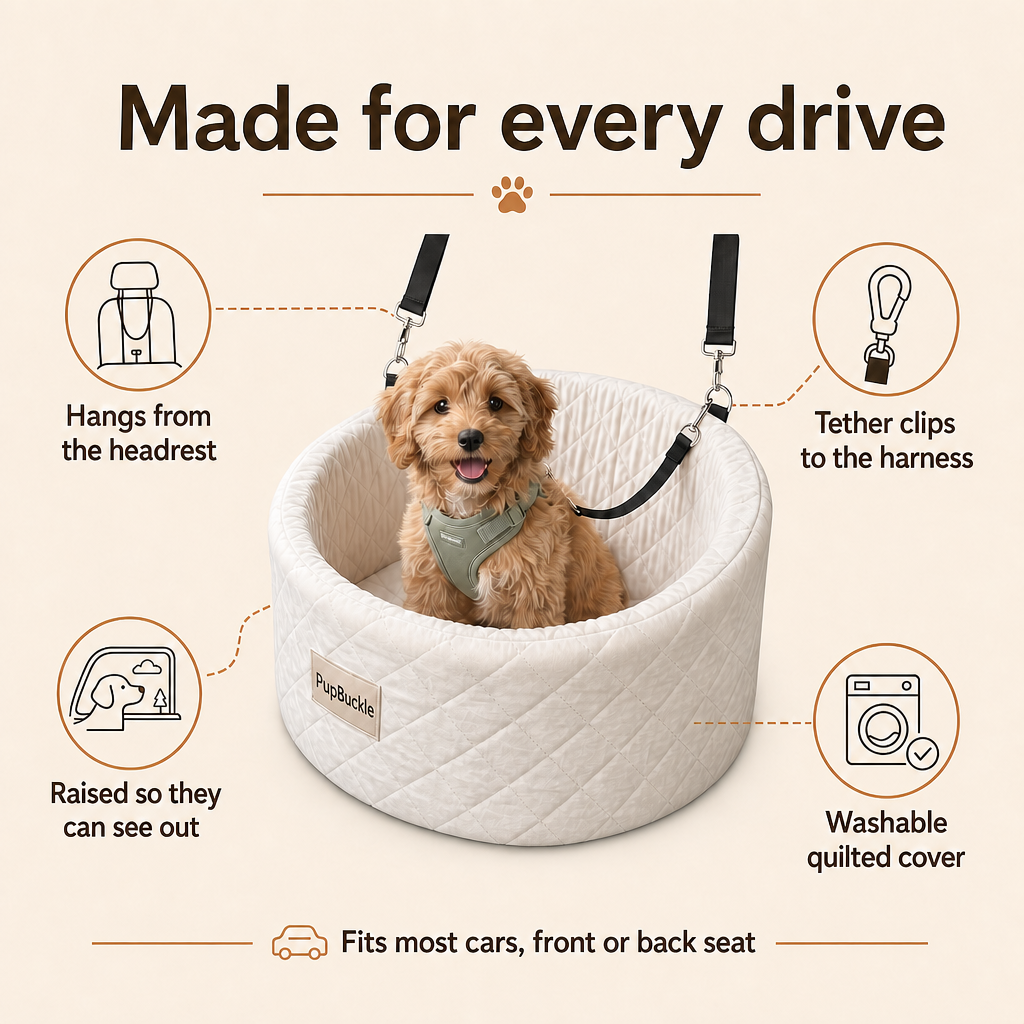 Made for every drive: hangs from the headrest, tether clips to the harness, raised view, washable cover